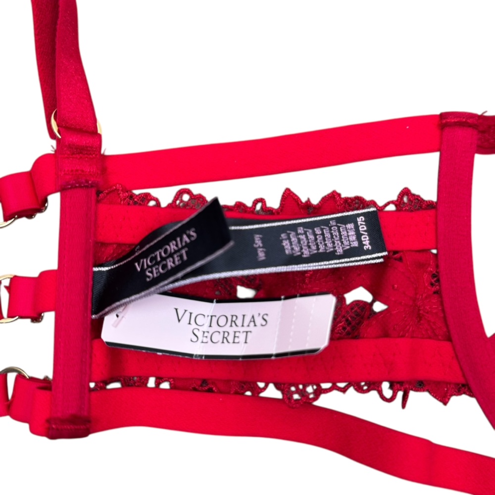 NWT Victoria's Secret Very Sexy Red Satin Ziggy Glam Floral Caged Lace Bra 34D - Picture 4 of 11